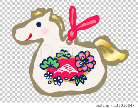 年賀状のイラスト素材。かわいい縁起物の飾りがついた、白馬の土鈴のイラスト。 年賀状のイラスト素材。かわいい縁起物の飾りがついた、白馬の土鈴のイラスト。 133019847