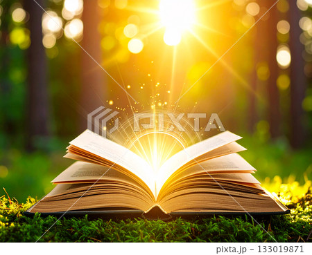 Open book, glowing pages floating in light, Inspired mind, self growth via awareness 133019871
