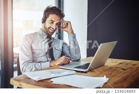 Happy businessman, laptop and call center in customer support or financial advice at the office. Friendly man person, consultant or agent talking on headset for online consulting service at workplace Happy businessman, laptop and call center in customer support or financial advice at the office. Friendly man person, consultant or agent talking on headset for online consulting service at workplace 133019893