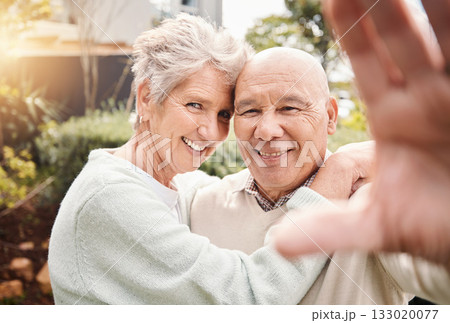 Portrait, selfie smile and senior couple hug outdoors in nature, bonding and laughing. Photographer, retirement and elderly man and woman taking pictures for social media, happy memory and love. 133020077
