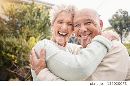 Portrait, smile and senior couple hug, countryside vacation and loving together for romance, relationship and bonding. Love, mature woman and elderly man embrace, affection and quality time outdoor Portrait, smile and senior couple hug, countryside vacation and loving together for romance, relationship and bonding. Love, mature woman and elderly man embrace, affection and quality time outdoor 133020078