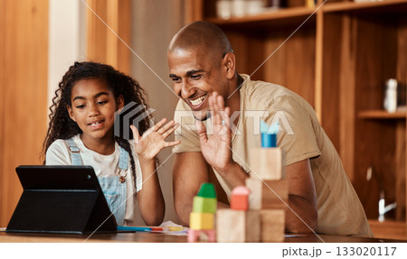Education, video call and family with father and kid on tablet for online home school, remote elearning or child development. E learning, virtual lesson and happy student study with parent in class Education, video call and family with father and kid on tablet for online home school, remote elearning or child development. E learning, virtual lesson and happy student study with parent in class 133020117
