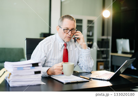 Mature businessman working in office with laptop, tablet, and notes. Perfect for business, finance, accounting 133020180