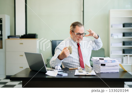 Angry and irritated Mature Businessman sitting in the office of laptop with his keyboard tired from work. Overwork, stress 133020194