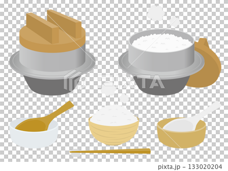 Set of illustrations of a kettle, rice bowl and rice paddle 133020204