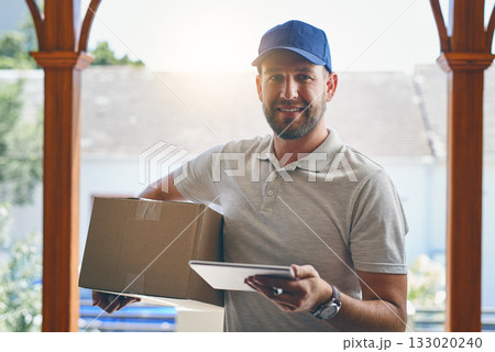 Happy delivery man, box and tablet in logistics, ecommerce or courier service at front door. Portrait of male person smiling with package, carrier or cargo for online purchase, order or transport Happy delivery man, box and tablet in logistics, ecommerce or courier service at front door. Portrait of male person smiling with package, carrier or cargo for online purchase, order or transport 133020240