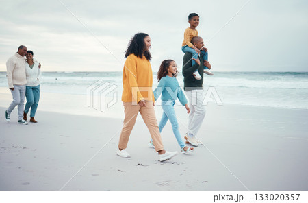 Grandparents, parents and children walking on beach enjoying holiday, travel vacation and weekend together. Big family, smile and happy people holding hands for bonding, quality time and relax by sea Grandparents, parents and children walking on beach enjoying holiday, travel vacation and weekend together. Big family, smile and happy people holding hands for bonding, quality time and relax by sea 133020357