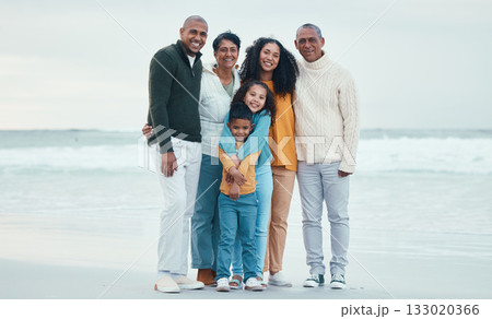 Portrait of grandparents, parents and children on beach enjoy holiday, travel vacation and weekend together. Happiness, nature and happy family smile for bonding, quality time and relaxing by sea 133020366