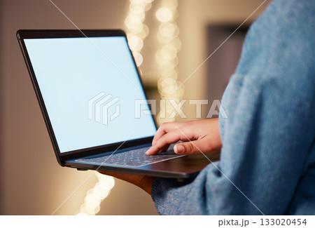 Laptop, hands typing and green screen mock up in office for advertising, marketing or product placement at night. Bokeh, branding or business woman with computer for mockup or copy space in workplace Laptop, hands typing and green screen mock up in office for advertising, marketing or product placement at night. Bokeh, branding or business woman with computer for mockup or copy space in workplace 133020454