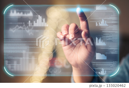 Business woman, hands or hologram screen in financial management, stock market trading or growth data in night office. Zoom, worker or finger on abstract touch for chart, graph or interactive finance Business woman, hands or hologram screen in financial management, stock market trading or growth data in night office. Zoom, worker or finger on abstract touch for chart, graph or interactive finance 133020462