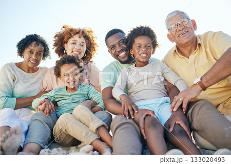 Parents, beach and portrait of children with grandparents enjoy holiday, summer vacation and weekend. Black family, happy and mom, dad and kids excited for quality time, relax and bonding on sand Parents, beach and portrait of children with grandparents enjoy holiday, summer vacation and weekend. Black family, happy and mom, dad and kids excited for quality time, relax and bonding on sand 133020493