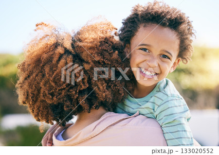 Family, woman hug kid with happiness together outdoor, face with love, support and trust. Mother, young child and happy people, portrait and care with bonding, relationship and peace with smile Family, woman hug kid with happiness together outdoor, face with love, support and trust. Mother, young child and happy people, portrait and care with bonding, relationship and peace with smile 133020552