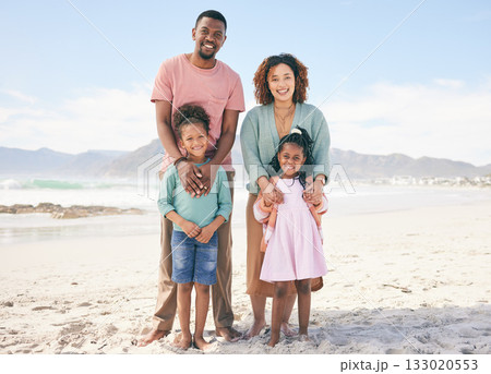 Happy portrait, nature and black family on beach holiday for peace, freedom and outdoor quality time together. Love, ocean sea sand or Jamaica children, father and mother smile with vacation sunshine Happy portrait, nature and black family on beach holiday for peace, freedom and outdoor quality time together. Love, ocean sea sand or Jamaica children, father and mother smile with vacation sunshine 133020553