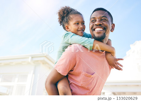 Mockup, piggy back and black father with girl, outside new house and playful family with love and happiness. African American dad carry daughter, happy child and kid with smile, fun and cheerful Mockup, piggy back and black father with girl, outside new house and playful family with love and happiness. African American dad carry daughter, happy child and kid with smile, fun and cheerful 133020629