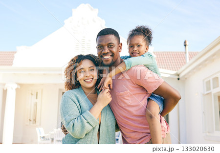 Black family, portrait smile and hug for real estate, new home or property together in the outdoors. Happy mother and father with daughter on piggyback smiling for mortgage, house loan or investment Black family, portrait smile and hug for real estate, new home or property together in the outdoors. Happy mother and father with daughter on piggyback smiling for mortgage, house loan or investment 133020630