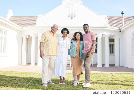 Happy, parents and couple standing by a new home with pride, smile and happiness together. Care, bonding and interracial elderly man and woman with their adult children by a house, property or estate Happy, parents and couple standing by a new home with pride, smile and happiness together. Care, bonding and interracial elderly man and woman with their adult children by a house, property or estate 133020631