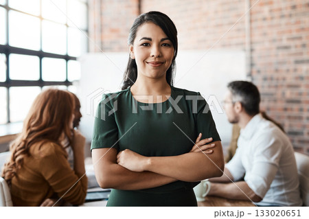 Portrait, office meeting and business woman with arms crossed in company workplace. Face, confidence and happy female leader, professional and person with pride for career, job and success mindset. 133020651