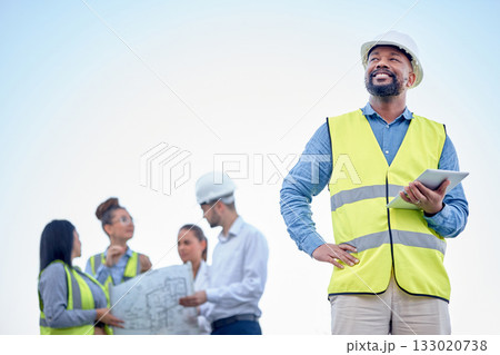 Black man or engineering manager outdoor planning, thinking of construction job or project management. Digital tablet, blueprint and leadership of architecture contractor or person on blue sky mockup Black man or engineering manager outdoor planning, thinking of construction job or project management. Digital tablet, blueprint and leadership of architecture contractor or person on blue sky mockup 133020738