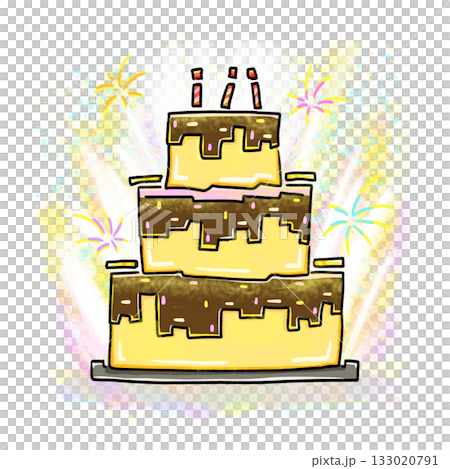 Block-style birthday cake in fireworks background cartoon illustration 133020791