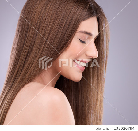 Beauty, profile and hair care of woman with eyes closed in studio isolated on a gray background. Face makeup, cosmetics and happy female model with salon treatment for keratin, balayage and hairstyle Beauty, profile and hair care of woman with eyes closed in studio isolated on a gray background. Face makeup, cosmetics and happy female model with salon treatment for keratin, balayage and hairstyle 133020794