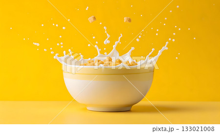 Pouring milk creates splash around cereal in a bright yellow bowl on a sunny morning 133021008