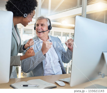 Winner, call center and business people success, fist pump and celebration of telecom sales, profit or job training goals. Professional consultant, agent or winning employee yes for bonus on computer 133021143