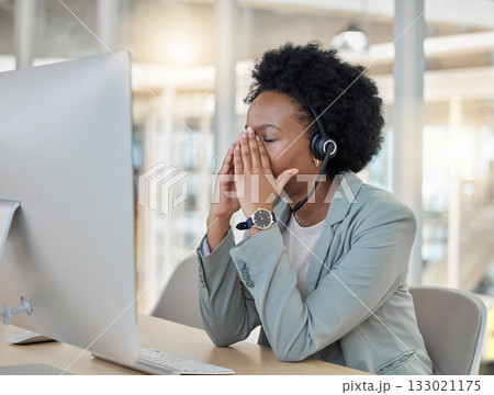 Sad, tired call center woman stress, fatigue or anxiety in telemarketing fail, career risk or work crisis. Professional consultant, agent or person with headache, mental health problem or depression Sad, tired call center woman stress, fatigue or anxiety in telemarketing fail, career risk or work crisis. Professional consultant, agent or person with headache, mental health problem or depression 133021175