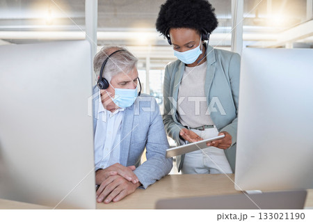Covid, crm and black woman coaching man with tablet and mask at help desk or call center. Compliance, consulting and opinion, data or statistics for medical advisory agency with diversity and trust. 133021190