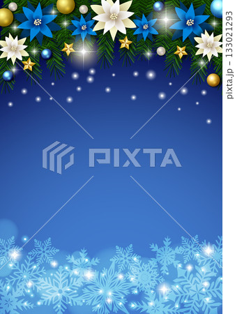 クリスマス背景、雪の結晶、青、ポインセチア、モミの木、かわいい、イラスト、縦 133021293