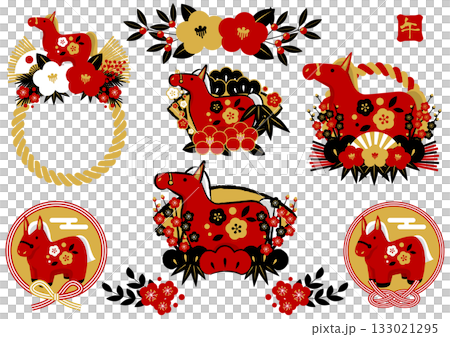 馬年新年圖示集，紅黑配色，紅馬，可愛，插圖 133021295