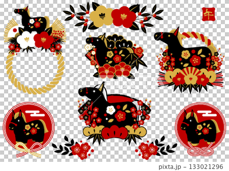 馬年新年圖示集，紅黑配色，黑馬，可愛，插畫 133021296