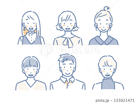 若い女性と男性のアバター風イラストセット　シンプルでお洒落な線画イラスト 133021471