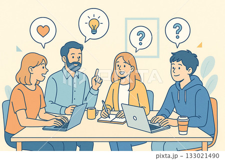 学生と社会人がカジュアルな会議をしているイラスト/チームワーク・ブレインストーミング・ビジネス・フラ 学生と社会人がカジュアルな会議をしているイラスト/チームワーク・ブレインストーミング・ビジネス・フラ 133021490