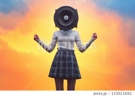 A girl with a loudspeaker instead of a head. A girl with a loudspeaker instead of a head. 133021692