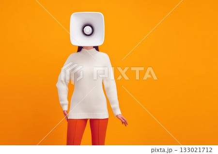 A girl with a loudspeaker instead of a head. 133021712