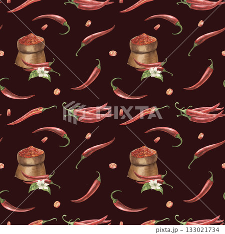 Seamless watercolor pattern with red chili peppers, spicy sauce, and green leaves on dark background. Hand-painted hot pepper design for kitchen decor, packaging, textiles, and restaurant branding 133021734