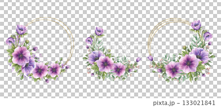 Watercolor purple Anemones flowers with pink buds twig and eucalyptus leaves gold framed wreath set. Romantic circle frame template for wedding, greeting card, label Isolated hand painted illustration Watercolor purple Anemones flowers with pink buds twig and eucalyptus leaves gold framed wreath set. Romantic circle frame template for wedding, greeting card, label Isolated hand painted illustration 133021841