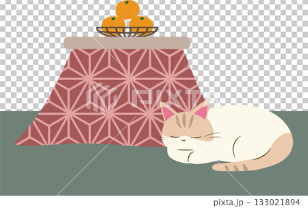 Illustration material of a cat relaxing in a kotatsu, a winter tradition 133021894