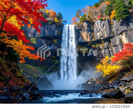 【AI生成画像】紅葉に囲まれた美しい滝の風景 【AI生成画像】紅葉に囲まれた美しい滝の風景 133021930