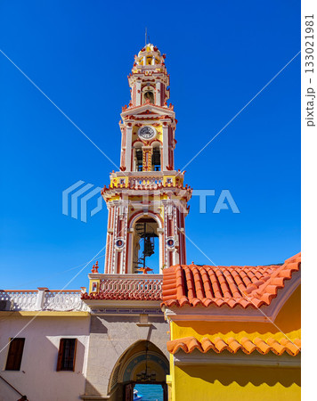 A Stunning Church Tower Beautifully Set Against a Clear Expansive Blue Sky Above A Stunning Church Tower Beautifully Set Against a Clear Expansive Blue Sky Above 133021981