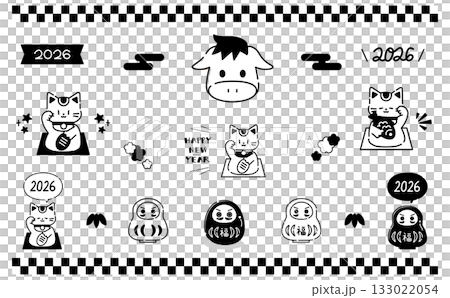 單色新年賀卡手繪插畫素材套裝 133022054