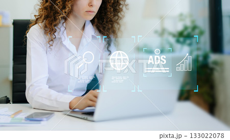 Digital marketing commerce online sale concept, woman using tablet, laptop with Ads and sales. Digital marketing commerce online sale concept, woman using tablet, laptop with Ads and sales. 133022078
