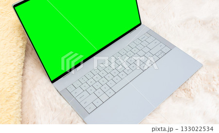 Green mockup of a sleek laptop with blank screen on a soft fur surface, ideal for showcasing designs and creative projects with copy space 133022534