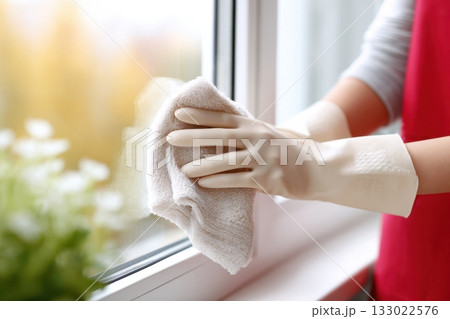 Person wearing gloves is cleaning a window with a cloth, showcasing a bright and fresh indoor environment with natural light streaming in Person wearing gloves is cleaning a window with a cloth, showcasing a bright and fresh indoor environment with natural light streaming in 133022576