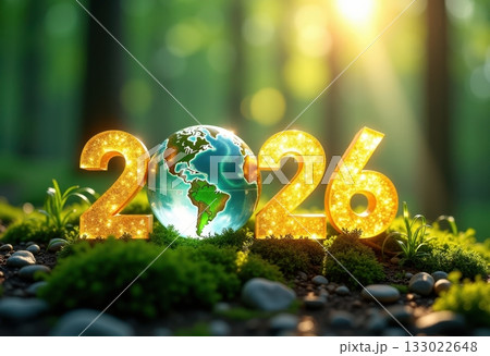 Vibrant 2026 numbers surrounded by lush greenery and a globe, symbolizing environmental awareness and a hopeful future for the planet Vibrant 2026 numbers surrounded by lush greenery and a globe, symbolizing environmental awareness and a hopeful future for the planet 133022648