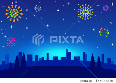 夜空に打ち上がるカラフルな花火と都市のシルエットのイラスト背景 夜空に打ち上がるカラフルな花火と都市のシルエットのイラスト背景 133022816