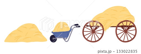 Collecting and transporting hay using garden cart and large wooden wagon. Farming haylofts. Livestock forage. Ranch haycock. Trolley for draw straw. Vector agriculture rustic elements set Collecting and transporting hay using garden cart and large wooden wagon. Farming haylofts. Livestock forage. Ranch haycock. Trolley for draw straw. Vector agriculture rustic elements set 133022835
