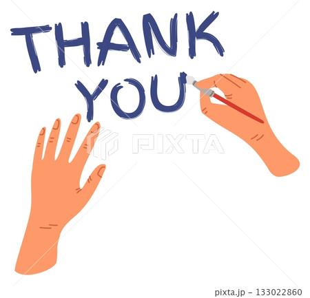 Hands draw word thank you. Human arm with brush and paint. Expressing gratitude. Calligraphy and penmanship. Appreciation phrase. Greeting text lettering. Grateful letter. Vector concept Hands draw word thank you. Human arm with brush and paint. Expressing gratitude. Calligraphy and penmanship. Appreciation phrase. Greeting text lettering. Grateful letter. Vector concept 133022860