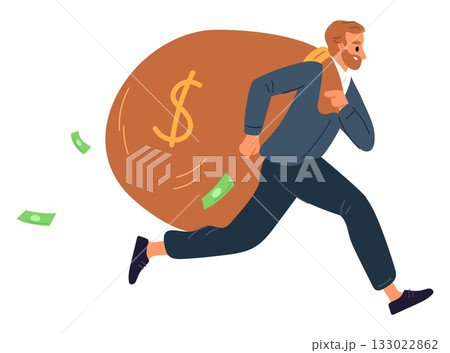 Happy businessman runs with large bag of paper money. Man making profit. Success in business. Thief escaping with banknotes sack. Investment income. Financial benefit. Vector concept Happy businessman runs with large bag of paper money. Man making profit. Success in business. Thief escaping with banknotes sack. Investment income. Financial benefit. Vector concept 133022862