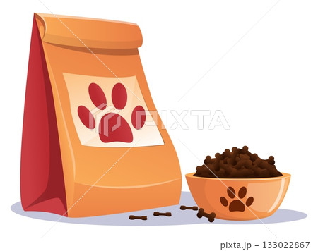 Large paper bag of dog food with bowl full of feed. Disposable cardboard package. Puppies feeder. Craft pouch with pawprint. Veterinary care of domestic animals. Vector isolated objects Large paper bag of dog food with bowl full of feed. Disposable cardboard package. Puppies feeder. Craft pouch with pawprint. Veterinary care of domestic animals. Vector isolated objects 133022867